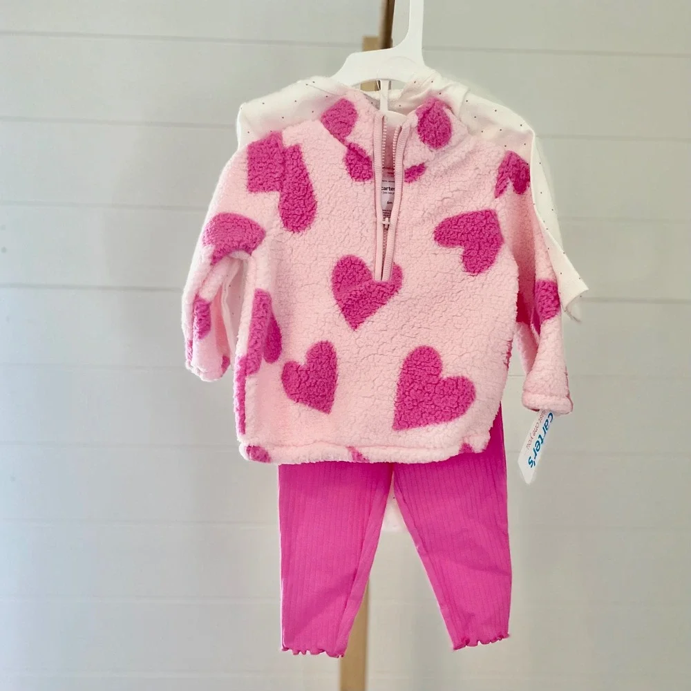 Carters‎ Baby Girls 6 Months Pink Heart Sherpa Fleece 3 Piece Outfit Set